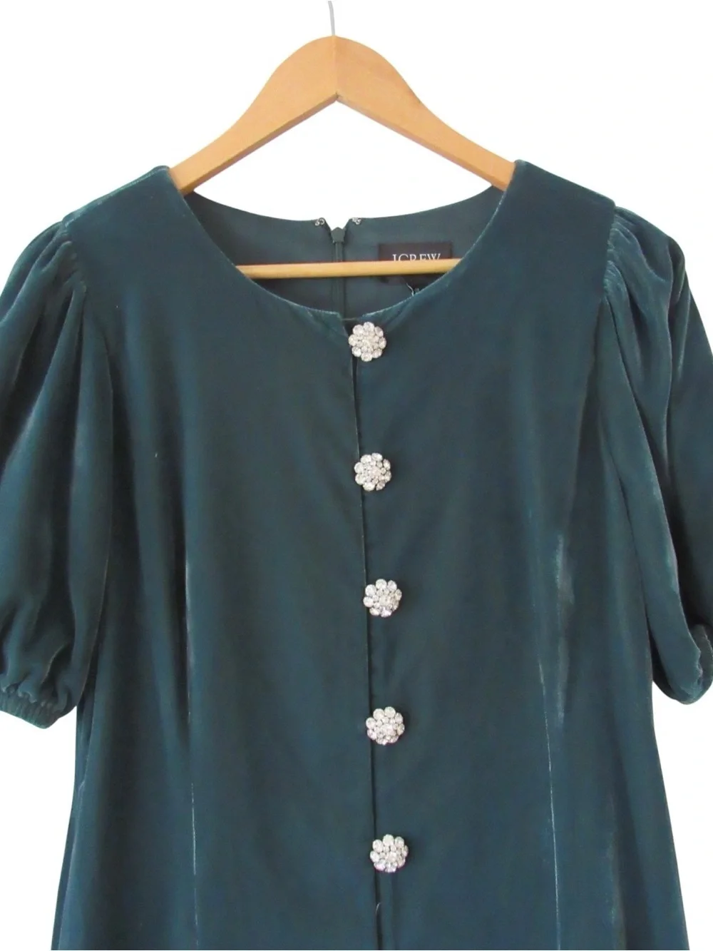 J Crew Velvet Jeweled Button Front Mini Dress 10 Dark Green Puff Sleeves Holiday